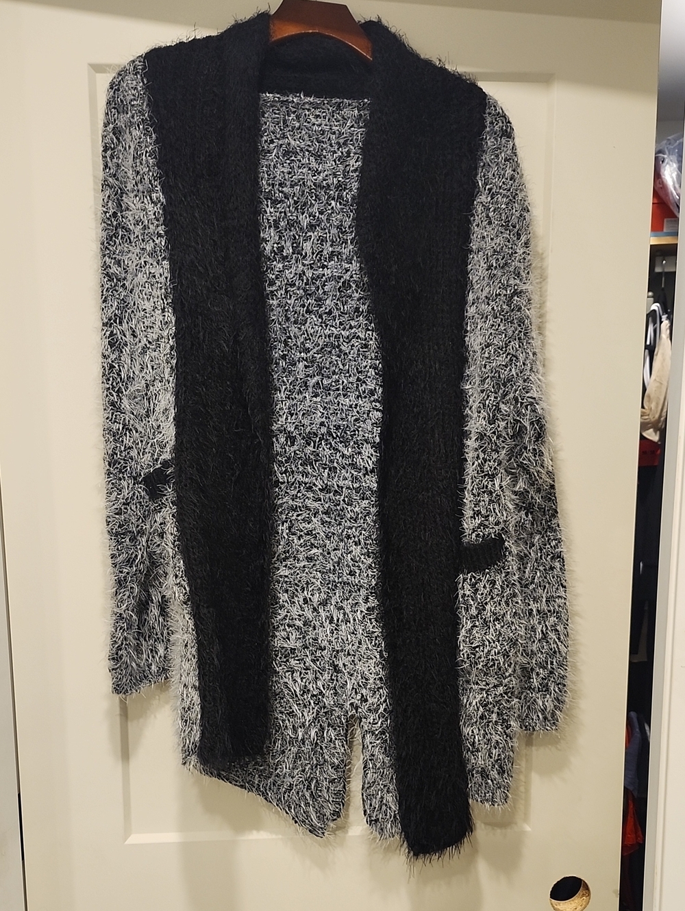 Fuzzy Open-Front Women's Cardigan Sweater - Black & White